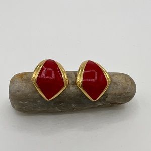 Vintage Monet red enamel half hoop earrings